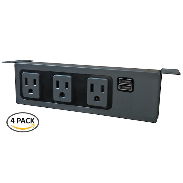 Electriduct Outlet Strip, Under Table, USB, 2 USB/3 Outlet(s) Black, 1 PK PDC-SW-3P-2USB-UT-4PK - main